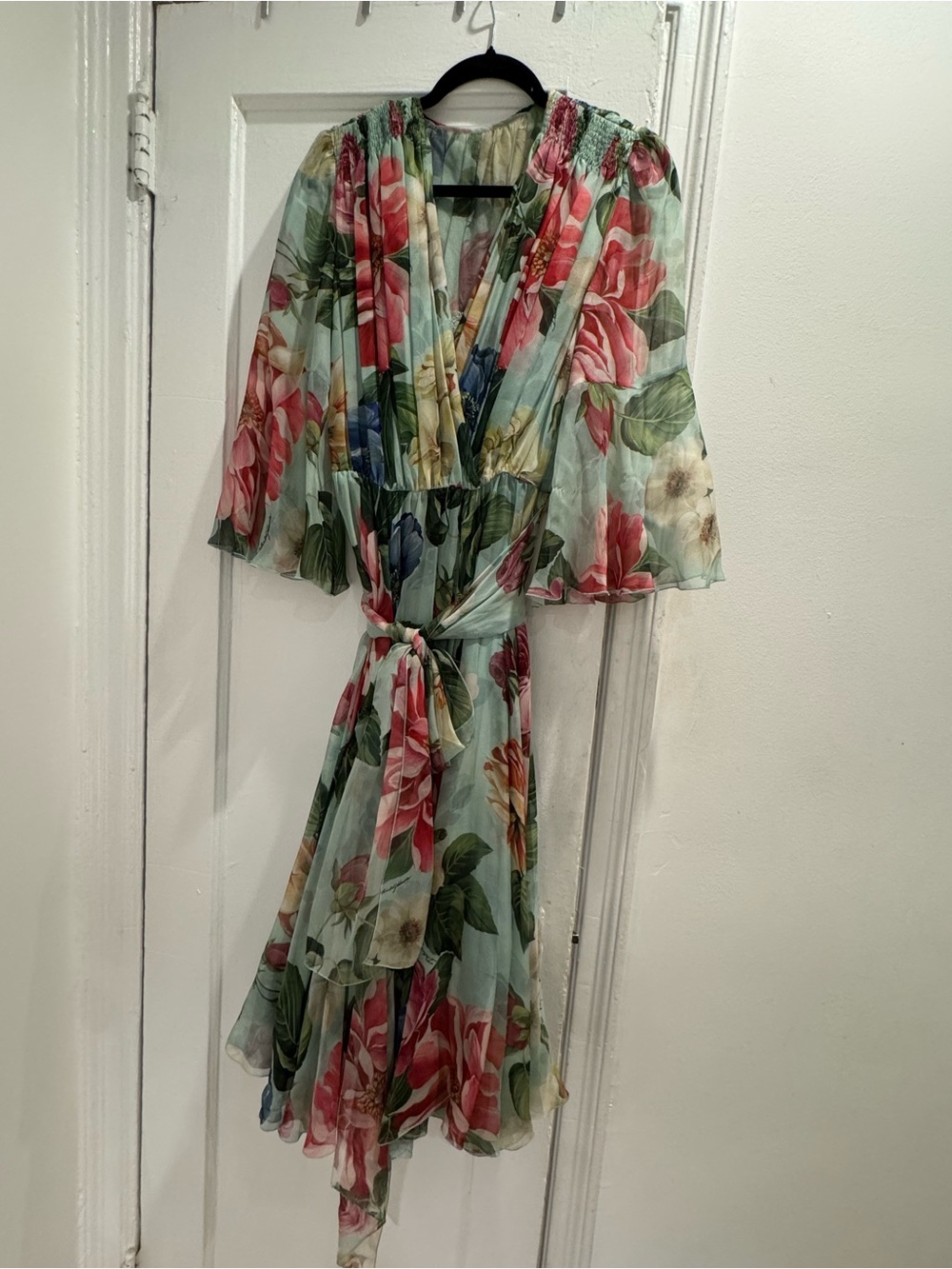 Dolce & Gabbana Pastel Mint Floral Midi Dress with Pink Blooms